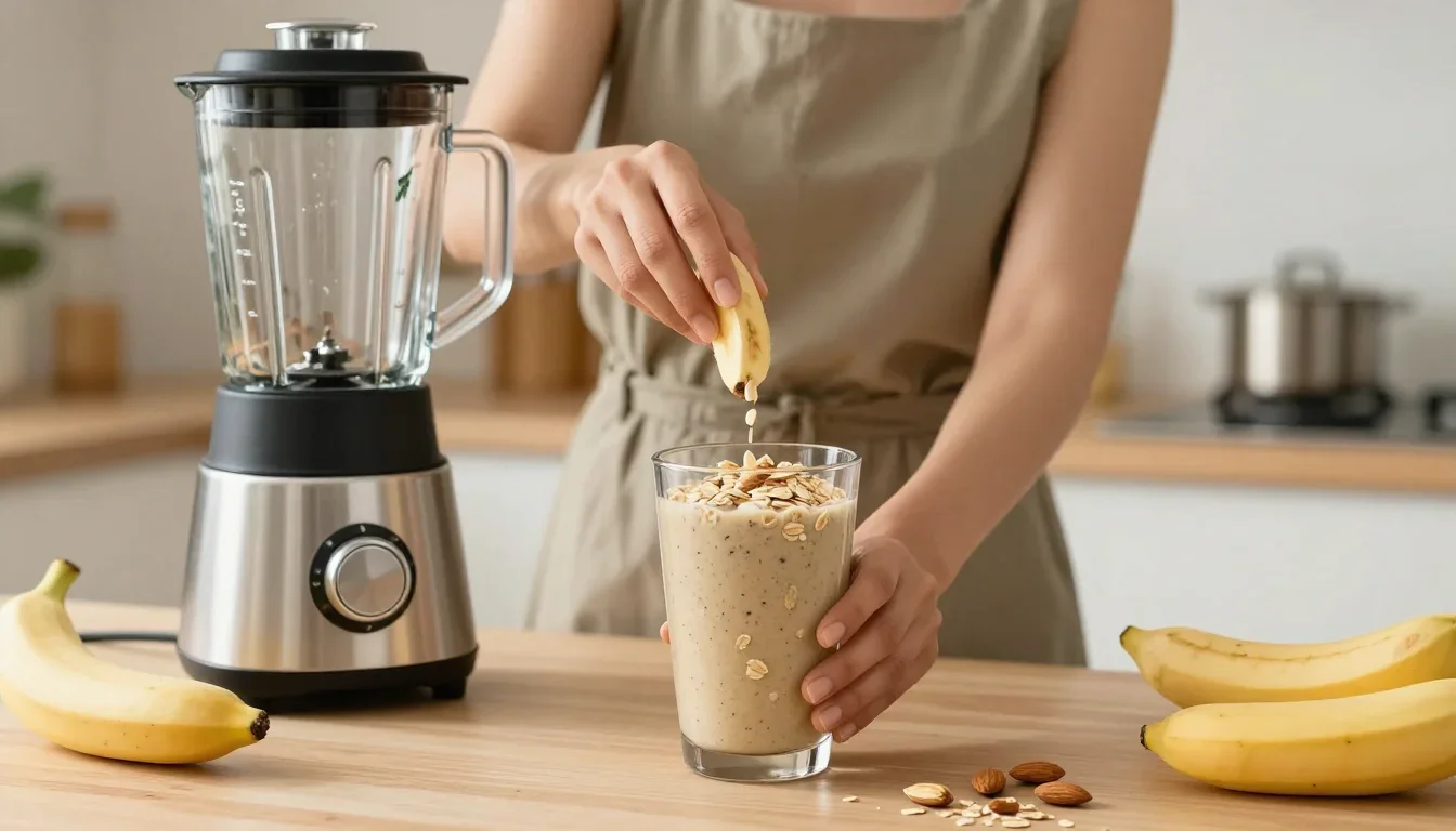 Préparation d'un smoothie galactogène avec avoine, amandes et graines de lin