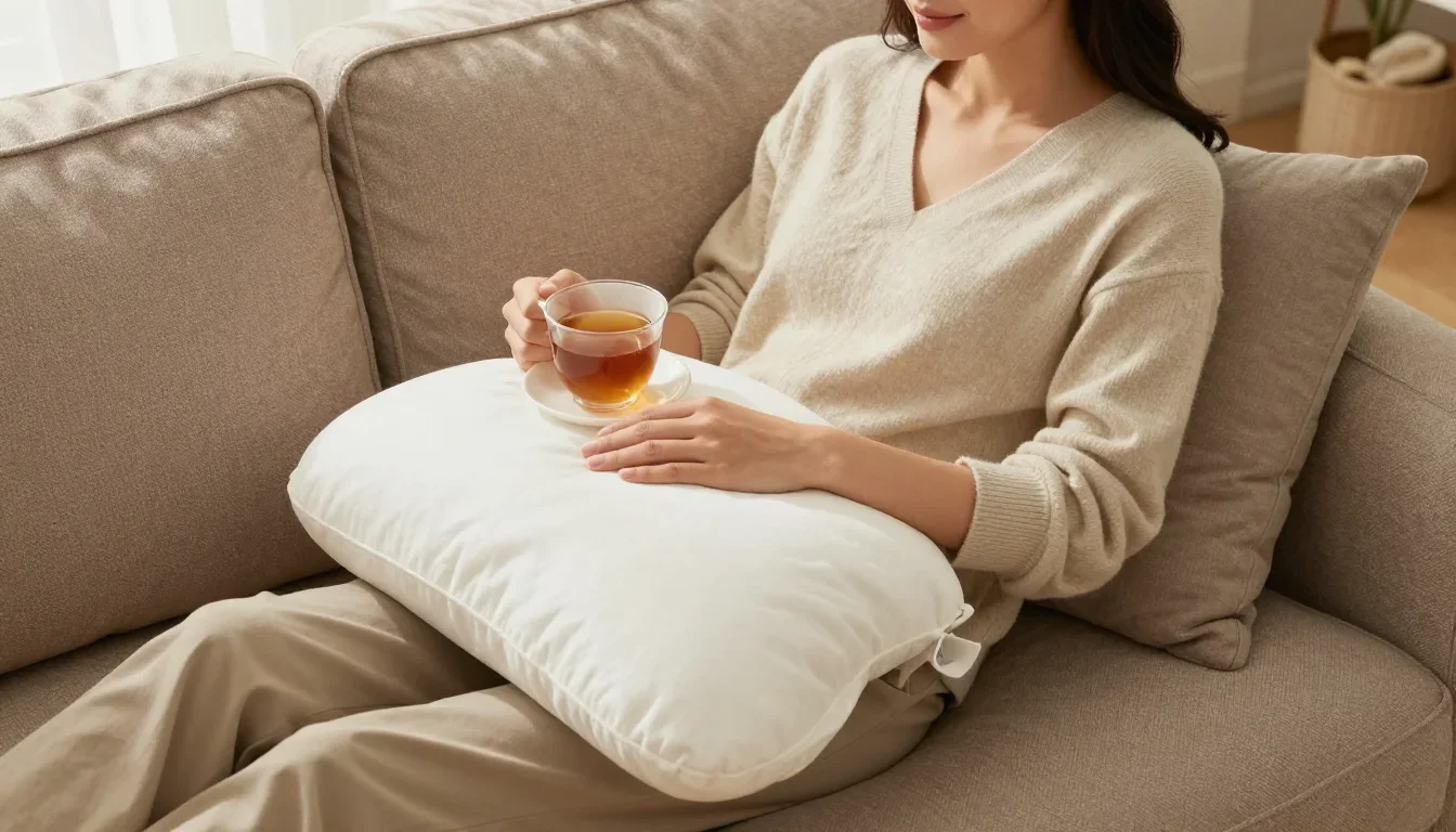Maman au repos avec tisane et coussin d'allaitement pour relancer naturellement sa lactation