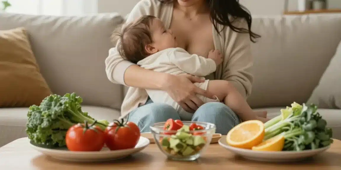 Maman qui allaite avec des aliments variés devant elle
