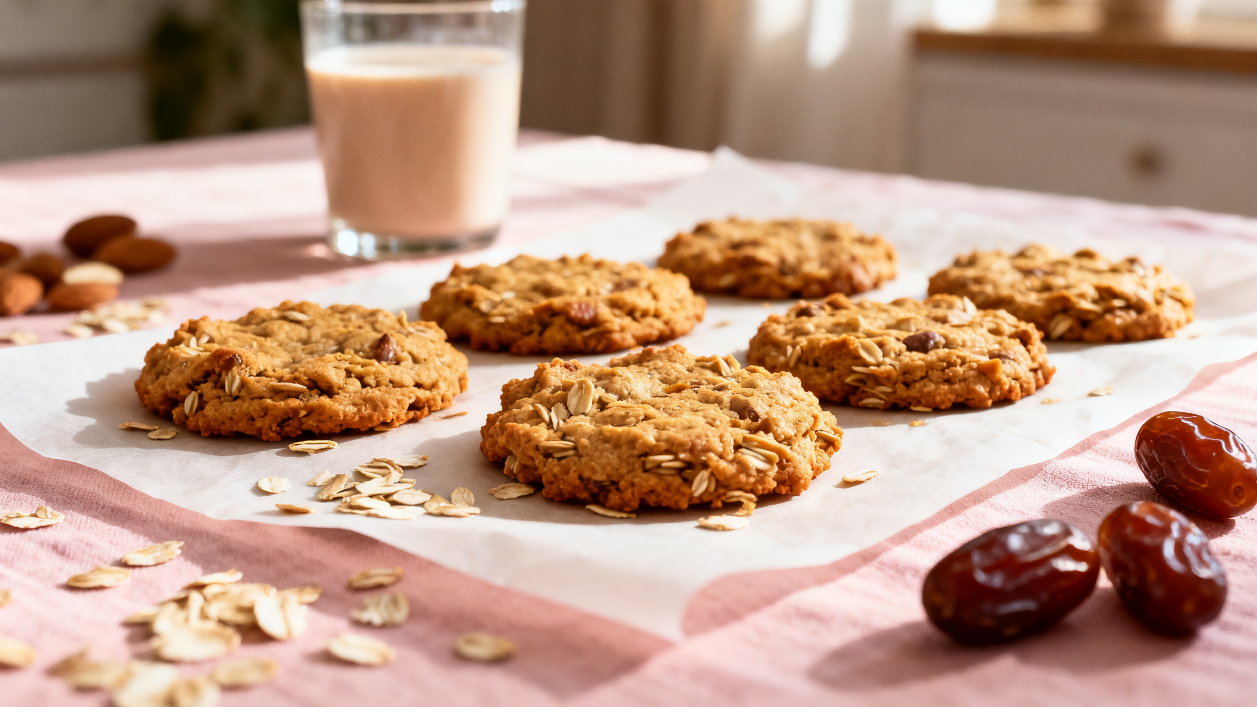 Cookies maison à l'avoine et aux dattes refroidissant sur papier sulfurisé, lait d'amande à côté