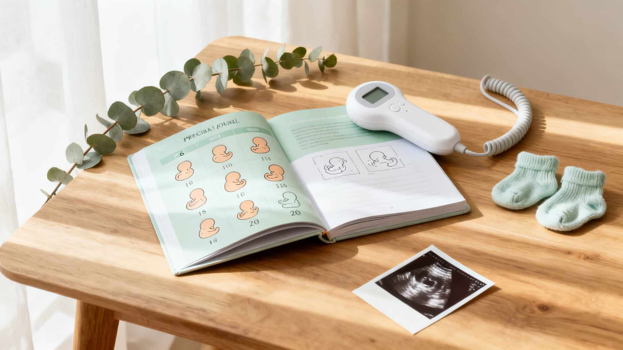 Carnet de suivi de grossesse et doppler fœtal posés sur une table, semaines clés pour entendre le cœur de bébé