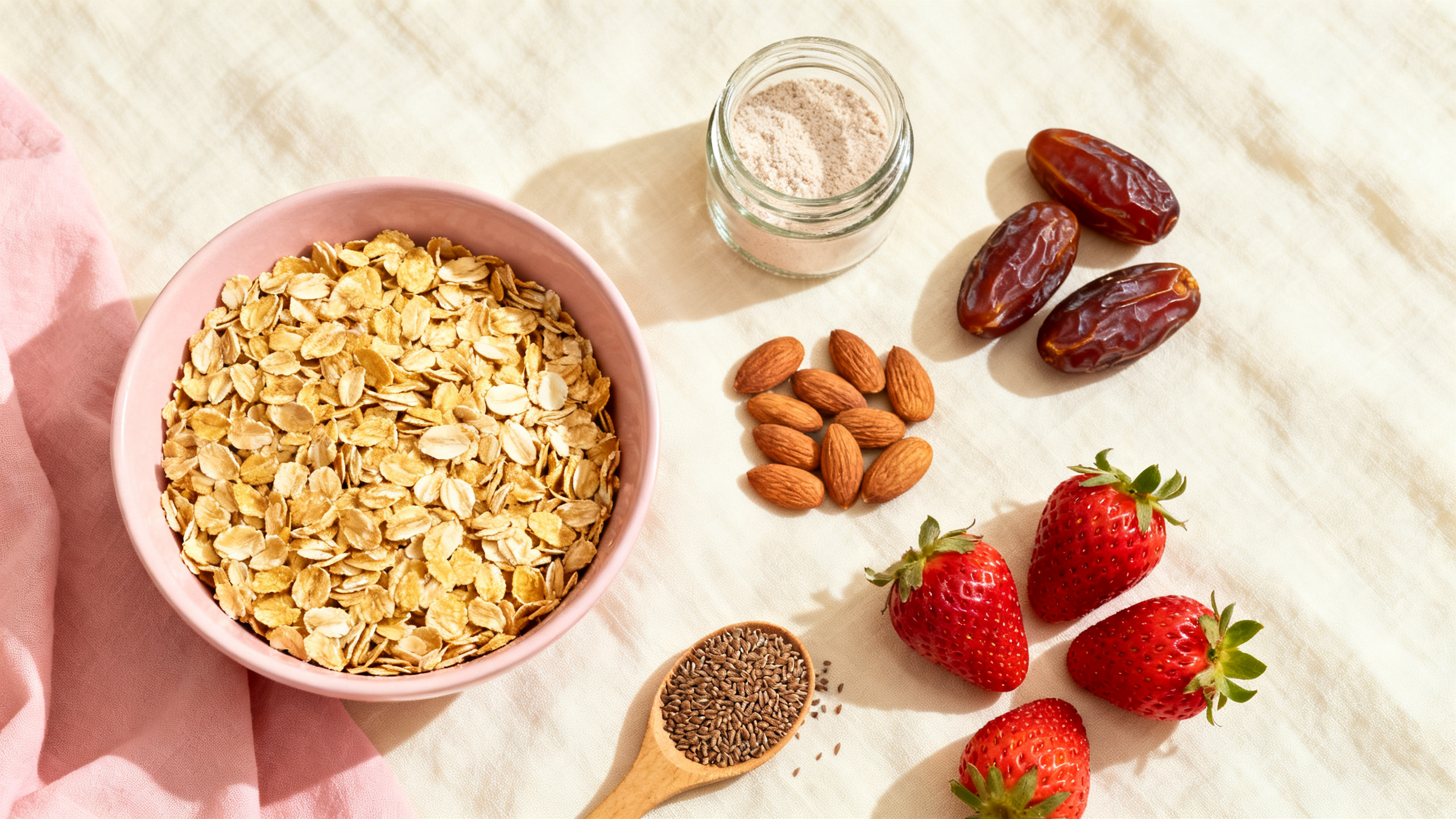 Vue plongeante de snacks pour l'allaitement : flocons d'avoine, dattes, amandes, levure de bière, graines de lin