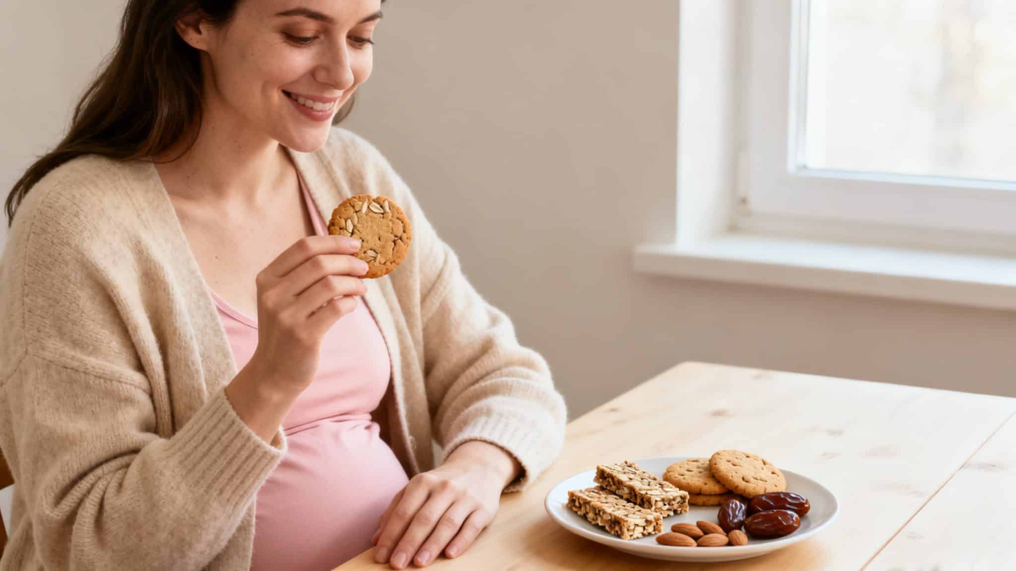 Mère allaitante dégustant un cookie d avoine, snacks lactation faits maison sur table en bois clair