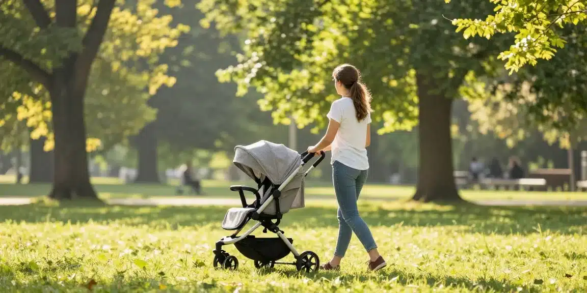 Femme avec poussette dans un parc
