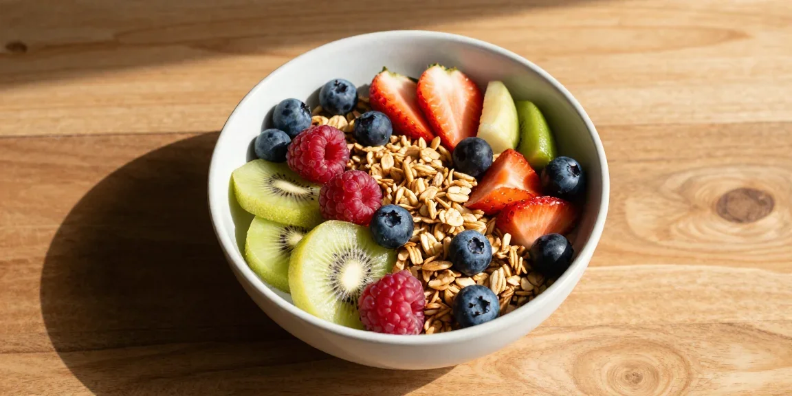 bol de céréales et fruits frais posé sur table en bois, vue de dessus, lumière naturelle matinale