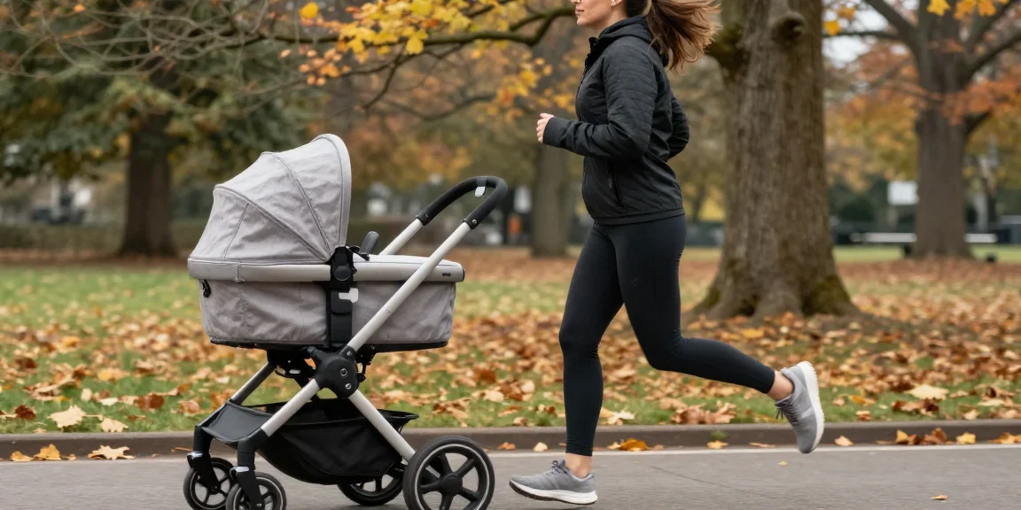 femme marchant dans un parc avec une poussette, vue de dos, matinée ensoleillée
