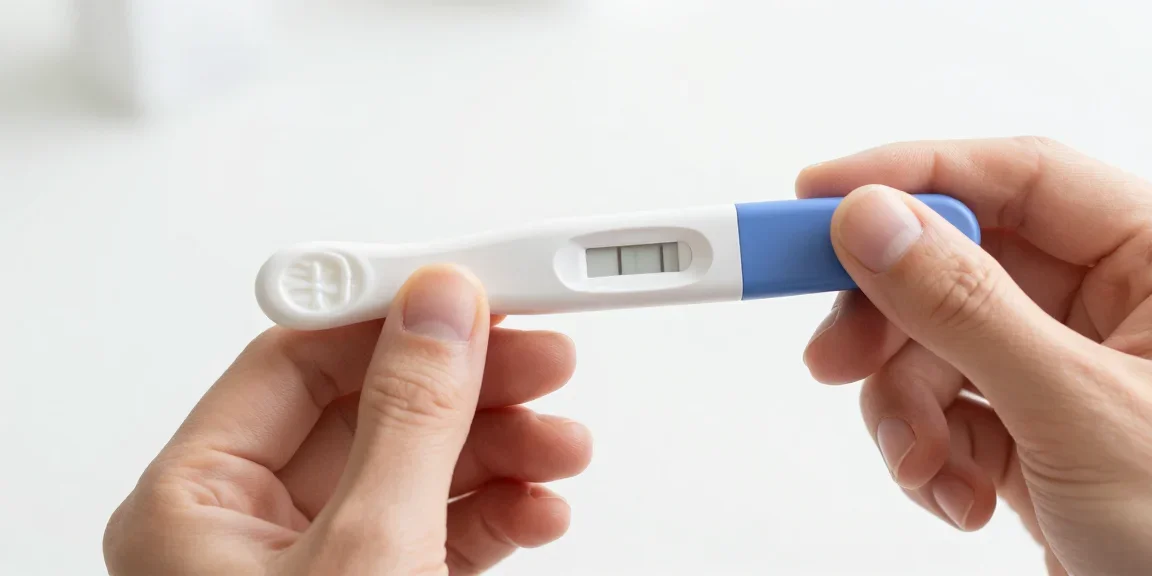 main de femme tenant un test de grossesse numérique sur fond neutre, lumière naturelle douce