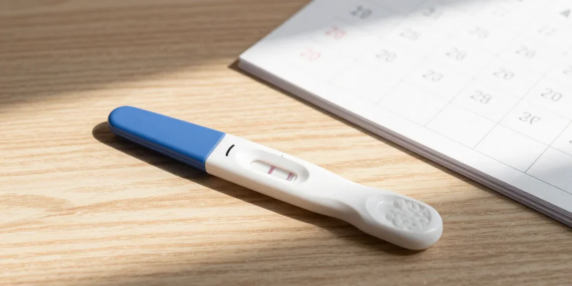 femme tenant un test de grossesse dans ses mains, vue de dessus sur fond clair