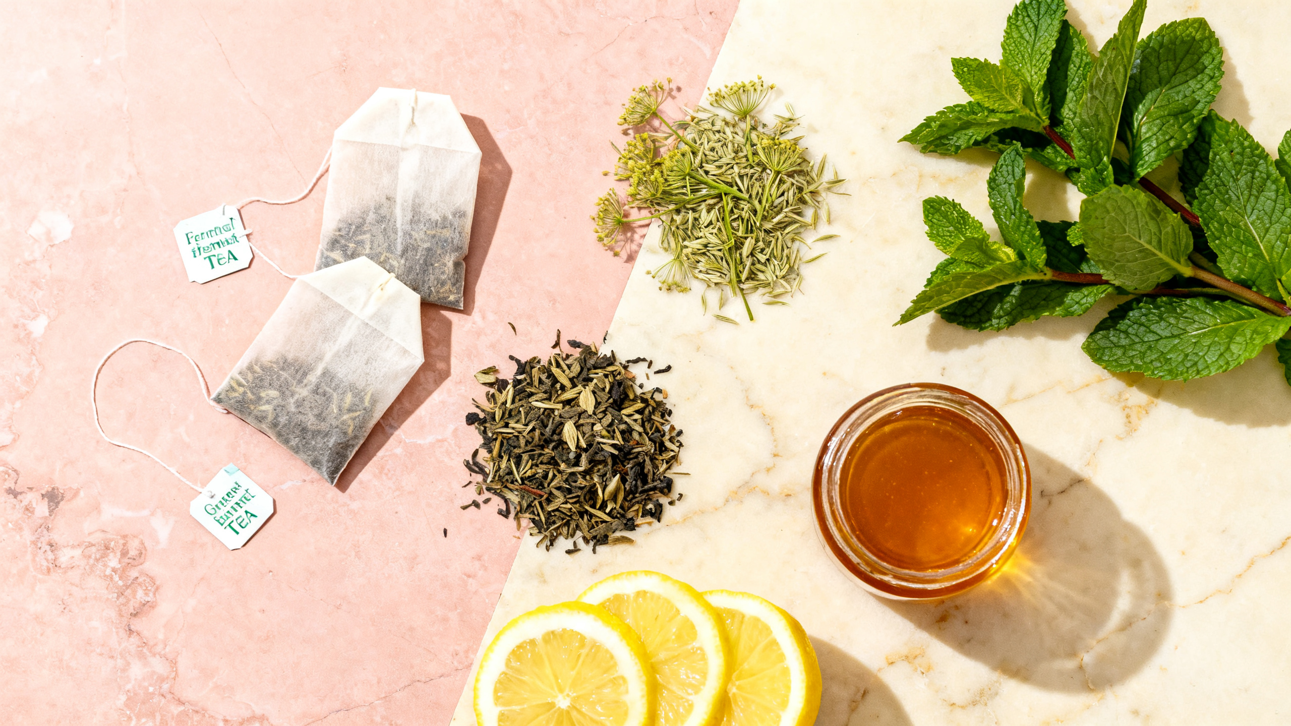 Sélection de tisanes allaitement, tasse de thé, miel et menthe fraîche sur fond marbré rose poudré