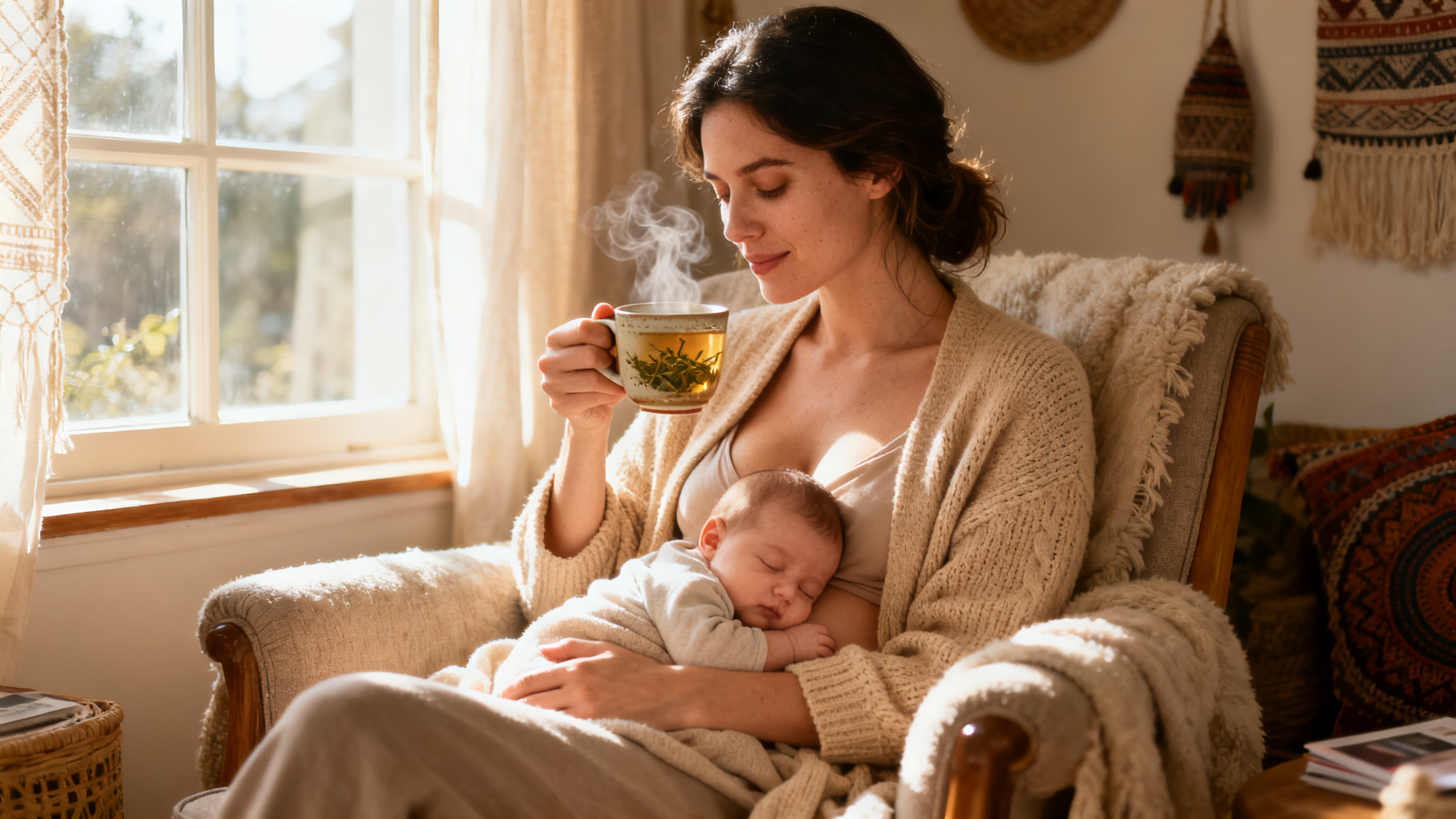 Maman allaitante buvant une tisane chaude avec son bébé paisiblement endormi sur les genoux