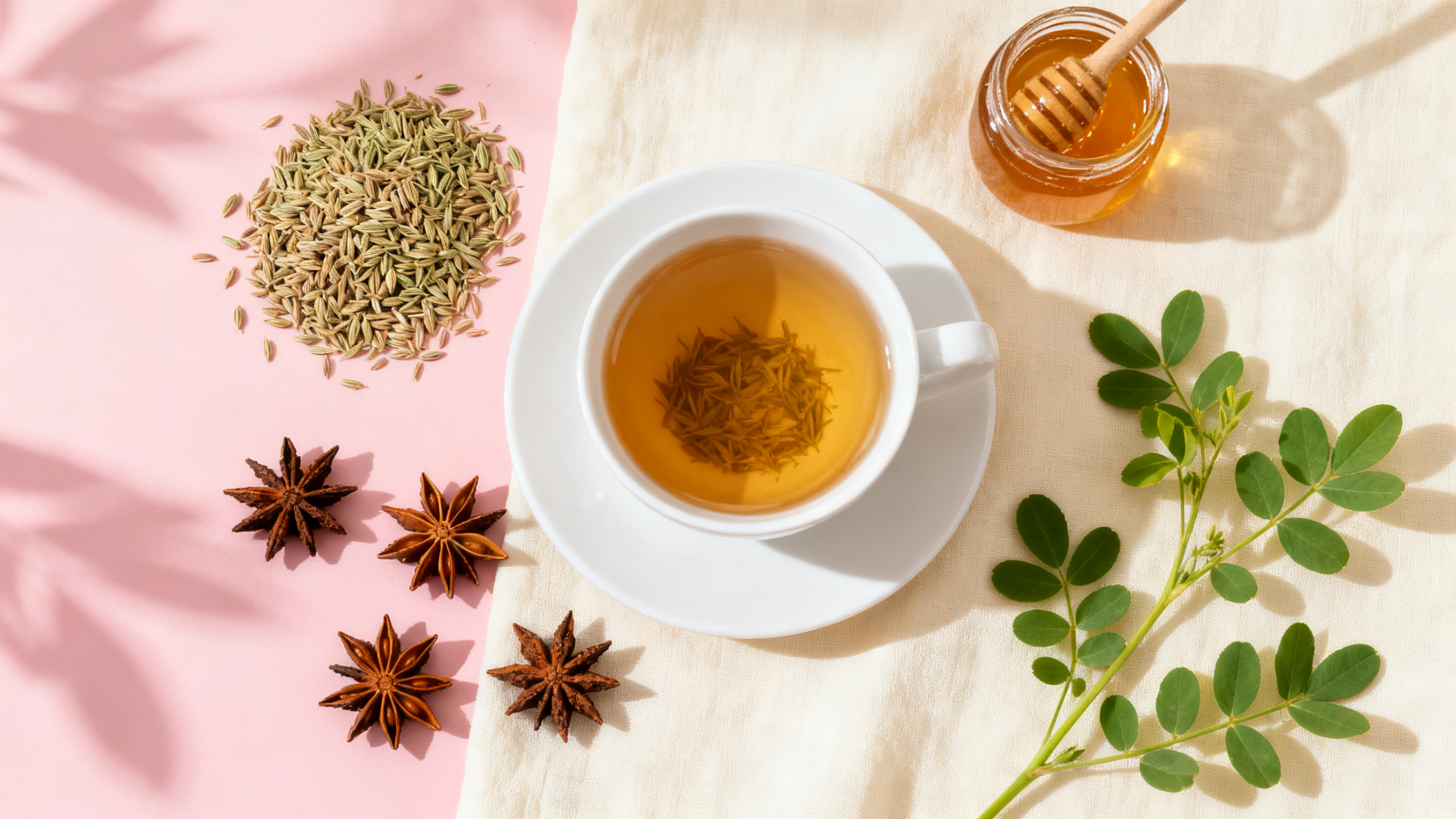 Tasse de tisane galactogène avec fenouil, anis étoilé et fenugrec — flat lay nature