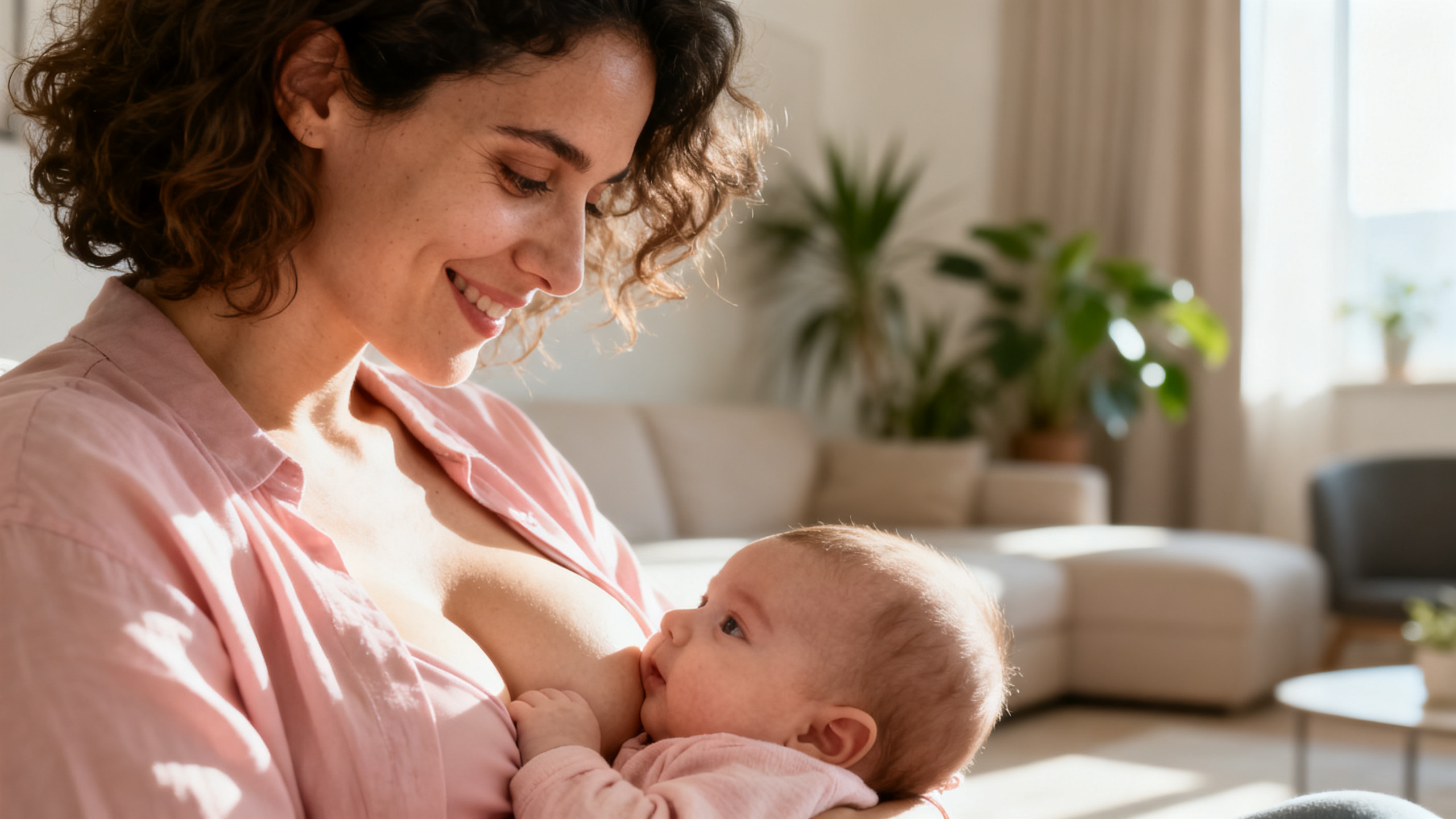 Jeune mère allaitant son bébé sereinement après avoir bu une tisane d allaitement