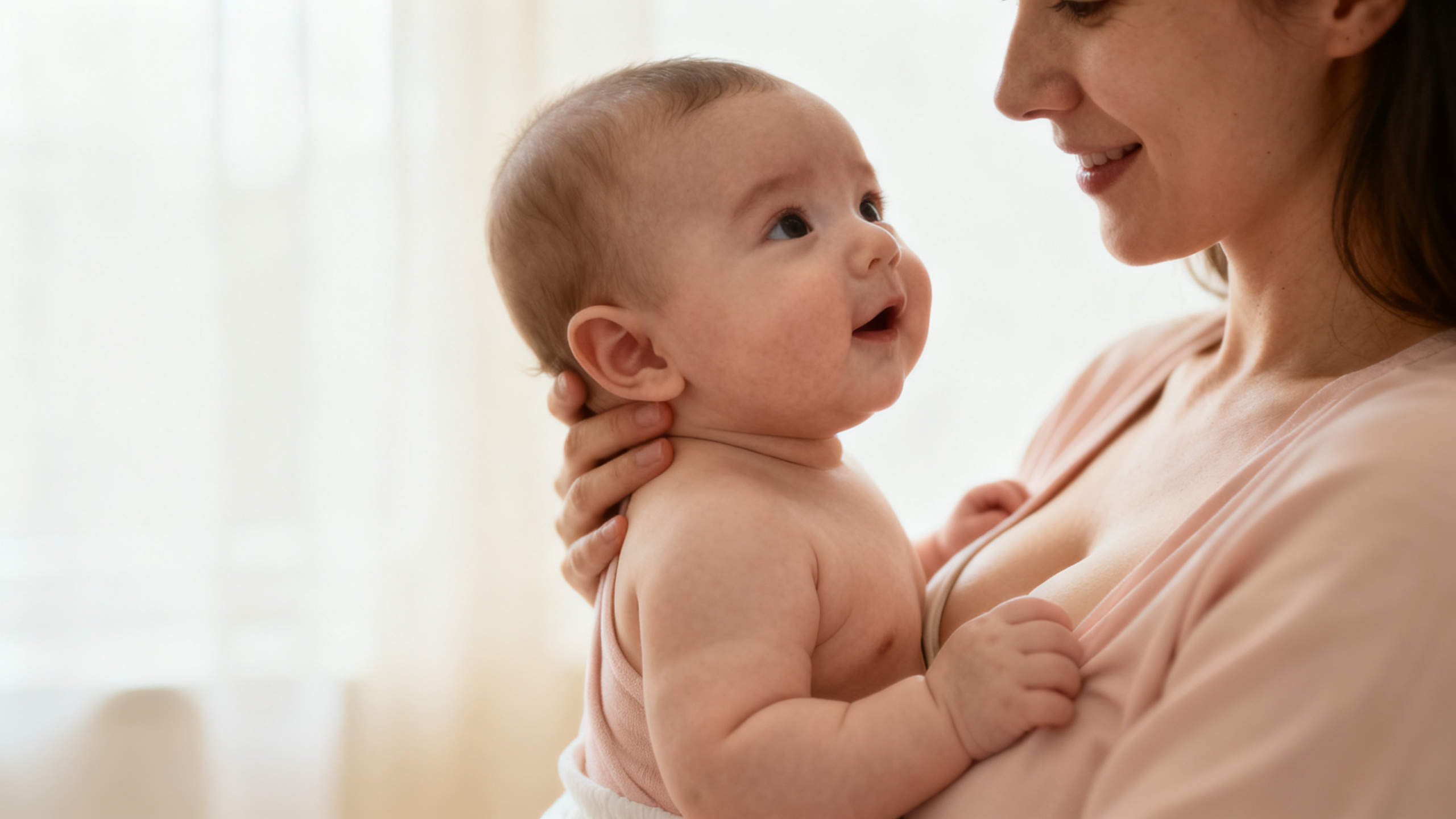 Mère tenant bébé en position anti-reflux pendant l'allaitement