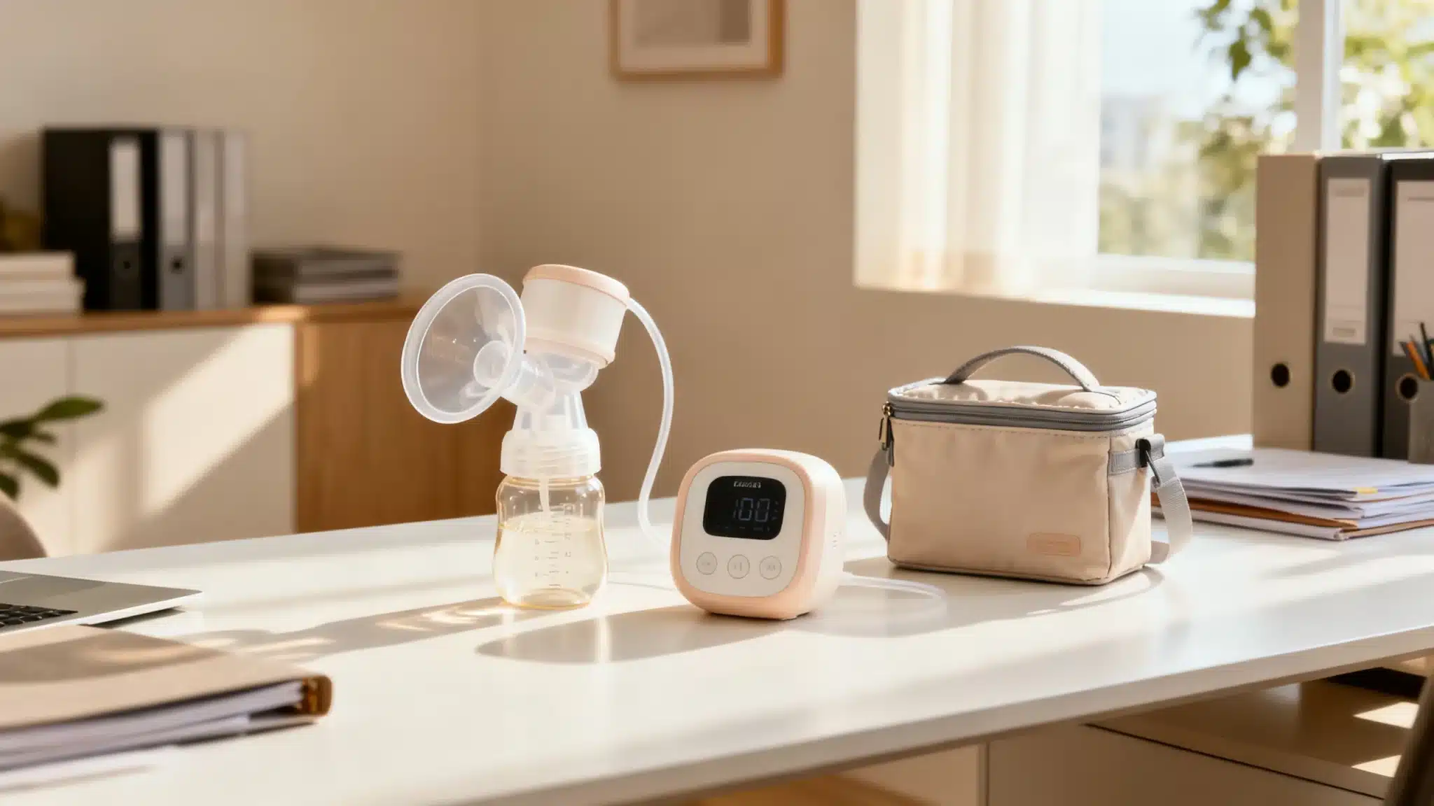 Tire-lait électrique double sur un bureau lumineux avec sac isotherme