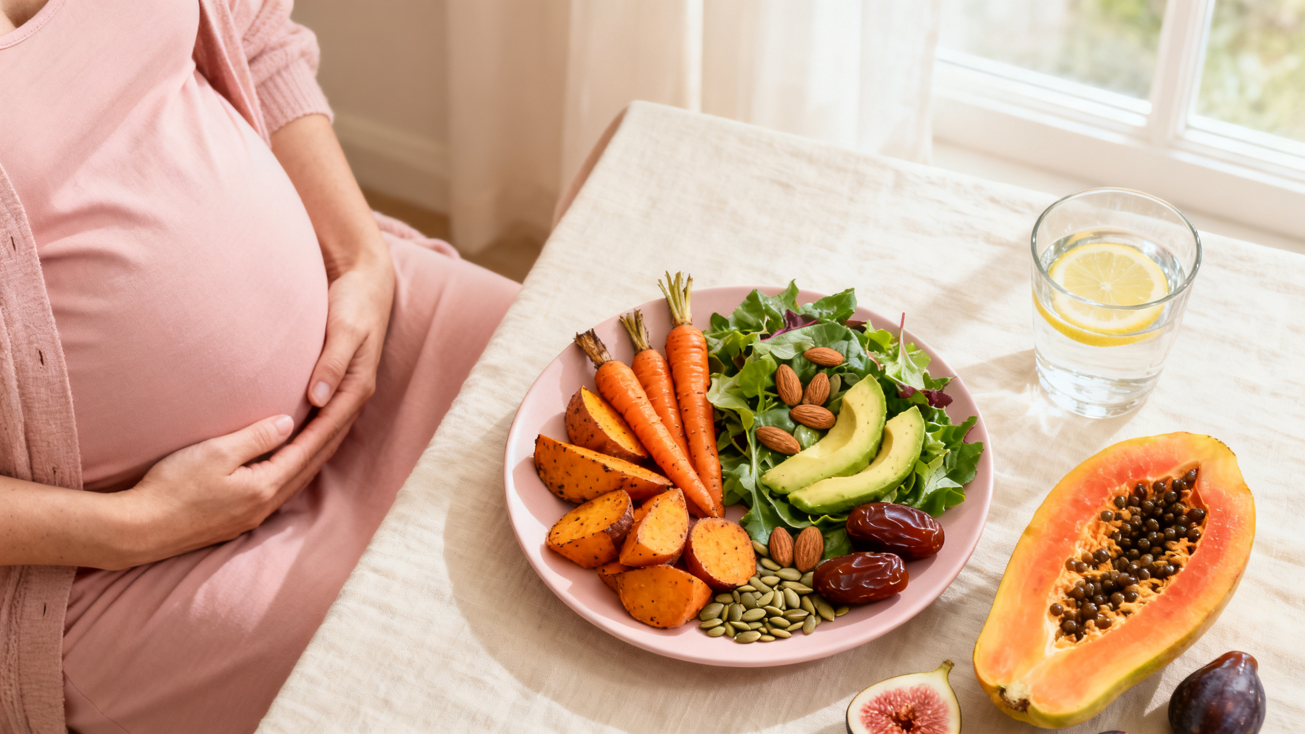 Assiette équilibrée d'une maman allaitante : légumes racines, salade verte, avocat, papaye, figues, dattes et amandes