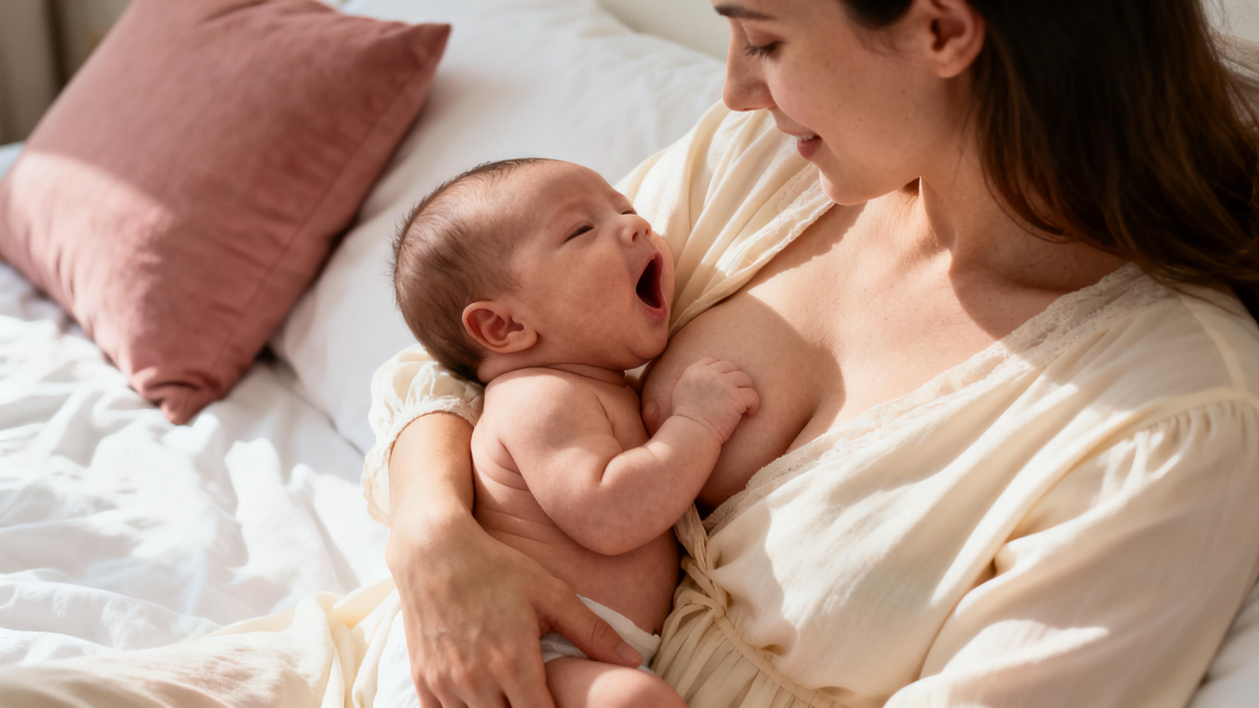 Position d'allaitement correcte pour éviter les crevasses : nez du bébé face au mamelon, bouche grande ouverte