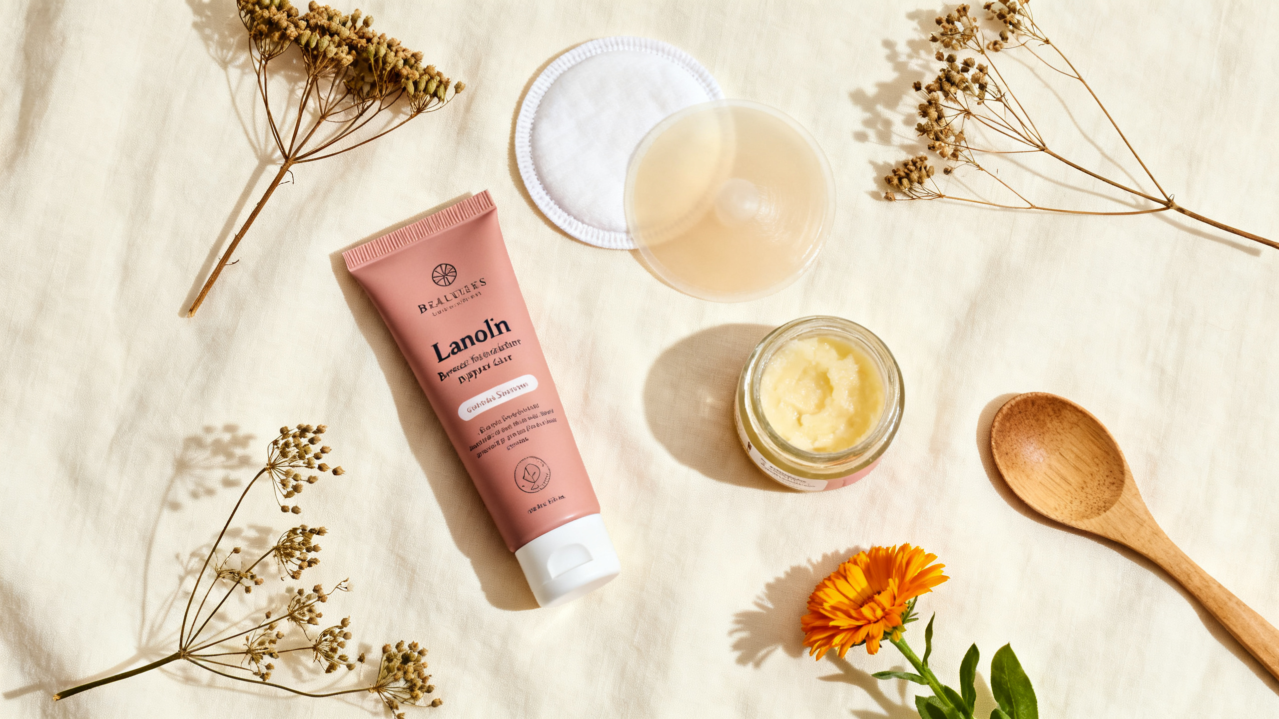 Flat lay des accessoires pour soigner et prévenir les crevasses : baume lanoline, coussinets, beurre de karité