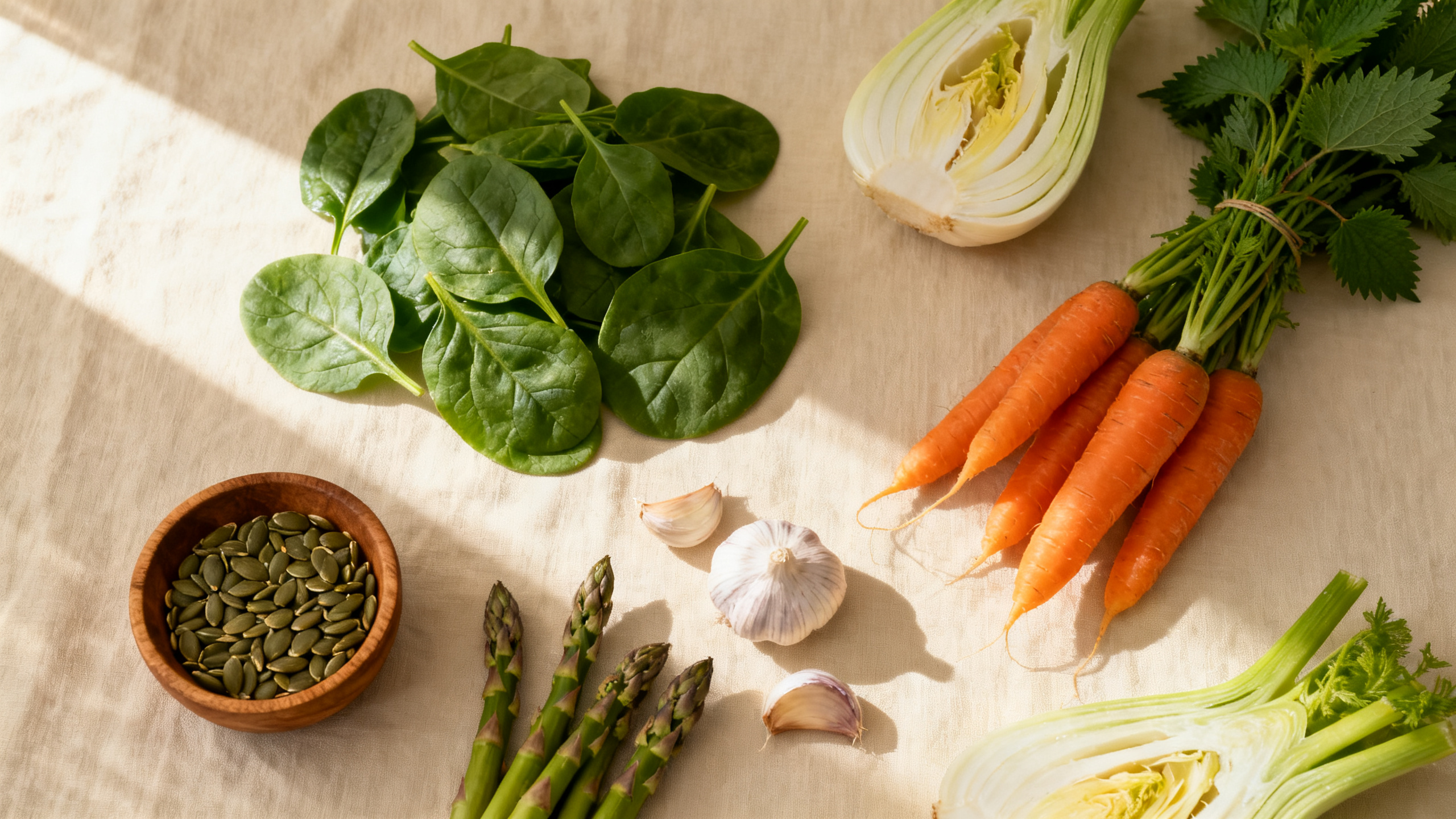 Flat lay de légumes galactogènes : épinards, carottes, fenouil, ail, asperges, graines de courge et orties sur nappe en lin crème