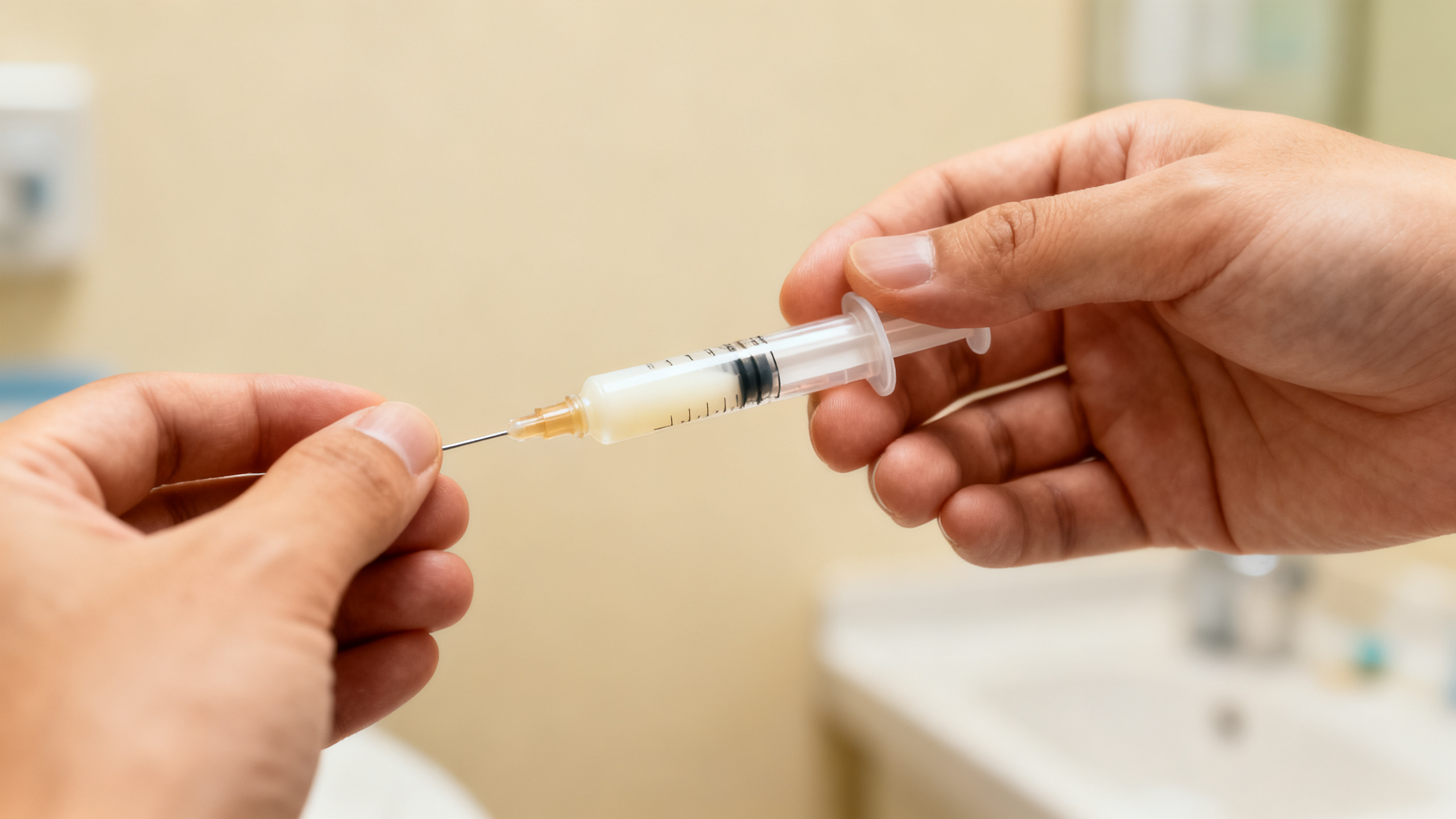 Femme enceinte pratiquant l'expression manuelle de colostrum avec une seringue