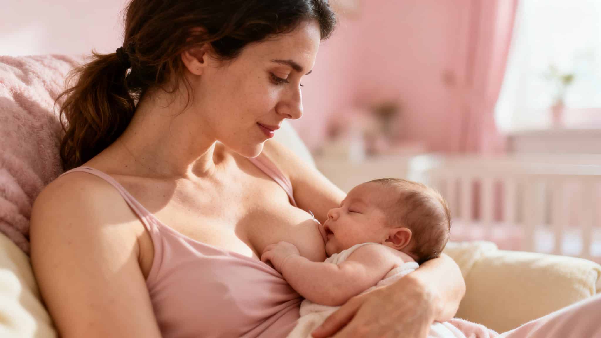 Maman allaitant son bébé en position madone