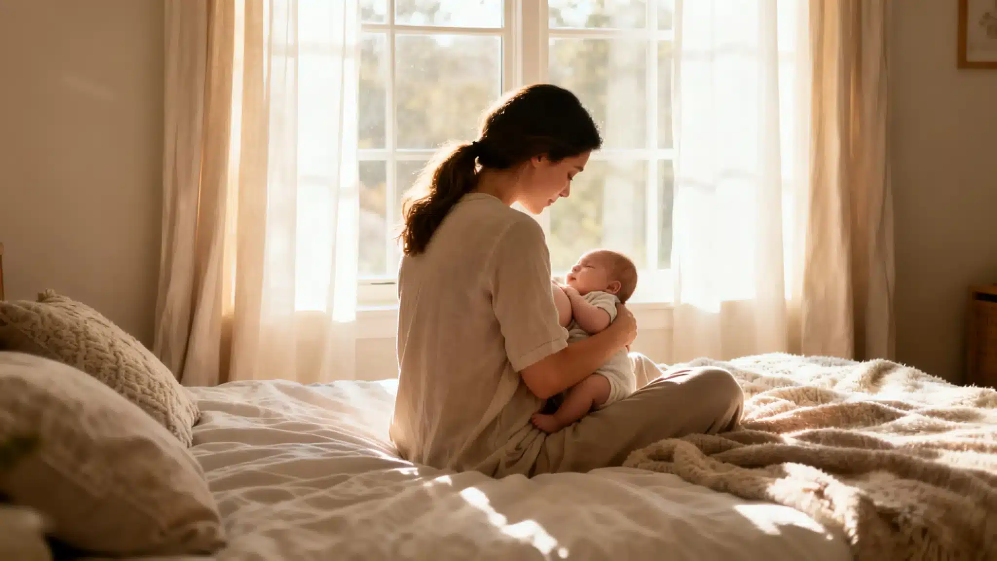 Mère allaitant son bébé dans une chambre à la lumière douce du matin