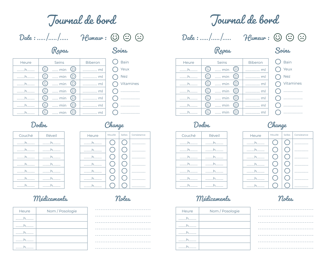 Aperçu bleu : deux fiches de journal quotidien avec tableaux repas, sommeil, changes et notes