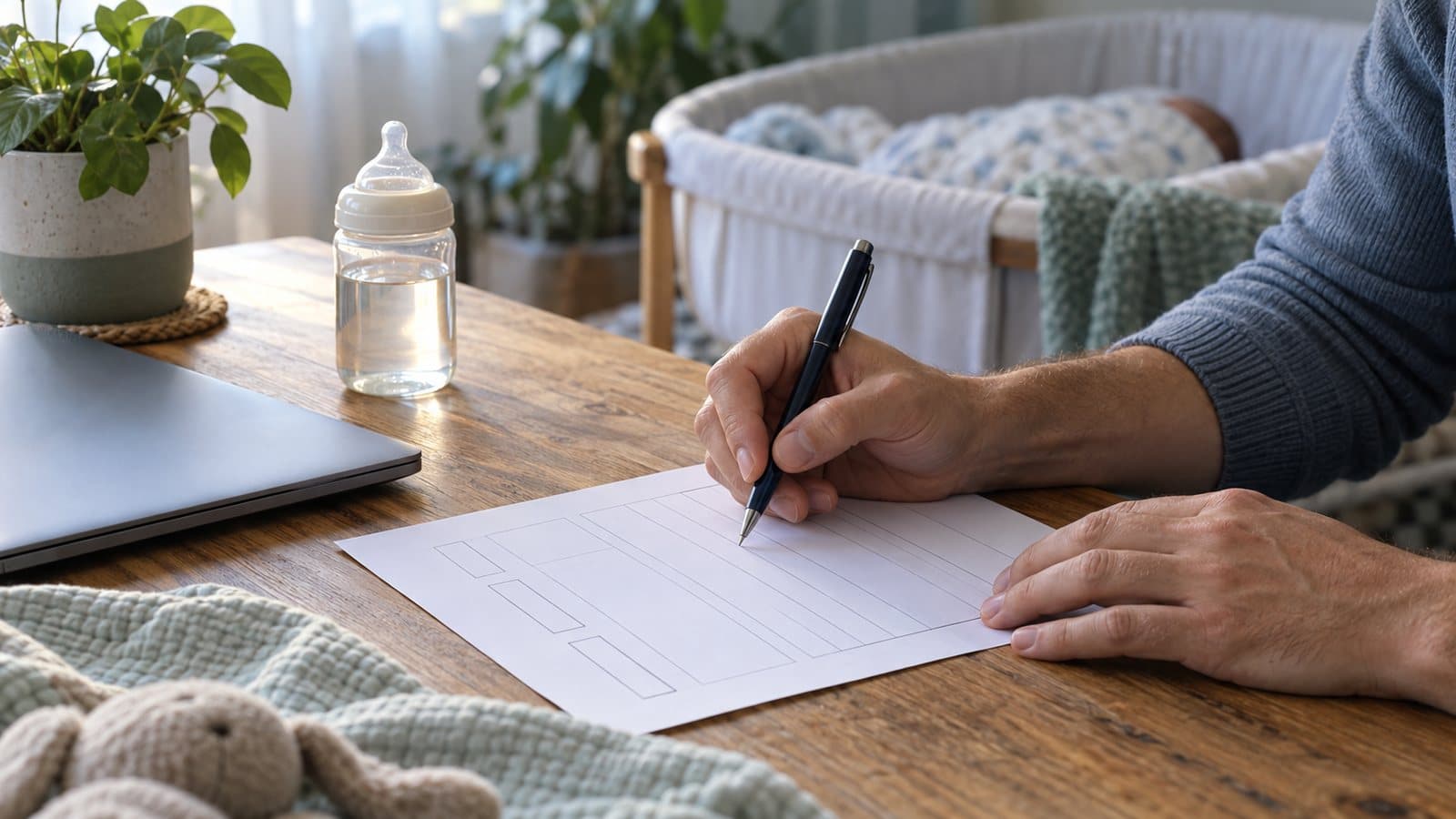 Un parent remplit un formulaire papier sur une table en bois, un bébé dort dans un couffin à l’arrière-plan