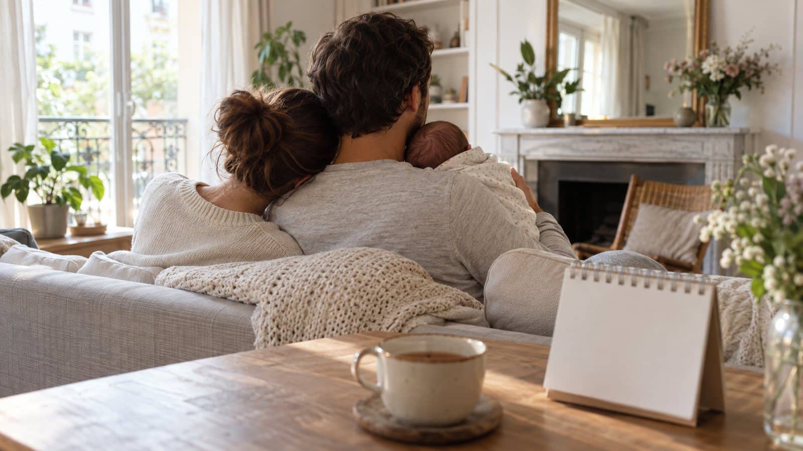 Deux parents vus de dos sur un canapé, le père tient un nouveau-né contre lui
