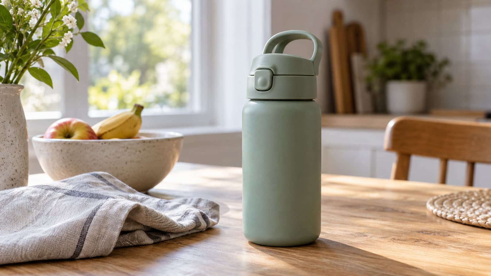 Gourde générique vert sauge sur une table, illustration sans lien avec le modèle rappelé