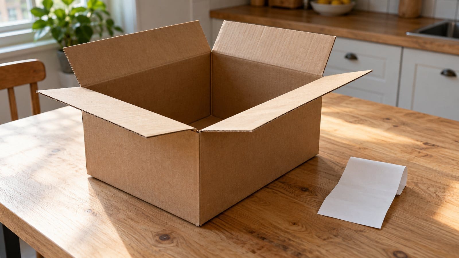 Boîte en carton ouverte et vide sur une table en bois à côté d’un ticket vierge, illustration générique