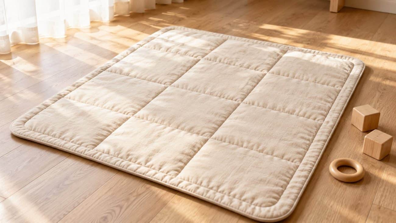 Tapis d’éveil en coton beige sur un parquet clair avec deux cubes et un anneau en bois, illustration générique