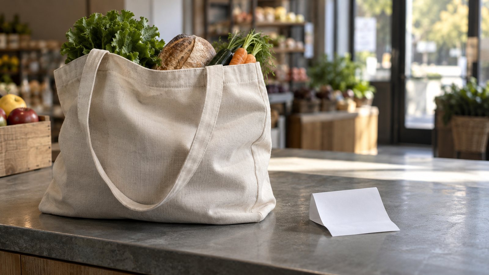 Sac de courses en tissu posé sur un comptoir de magasin à côté d’un ticket vierge, illustration générique