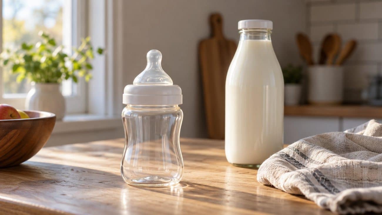 Biberon vide et bouteille de lait sans étiquette sur une table de cuisine, illustration générique