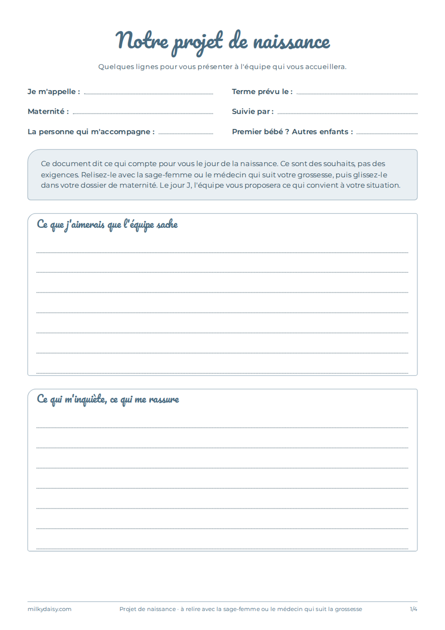 Aperçu bleu : première page du projet de naissance, à remplir