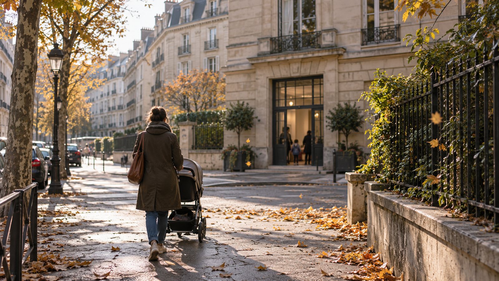 Rue parisienne en automne avec un parent et une poussette vus de dos