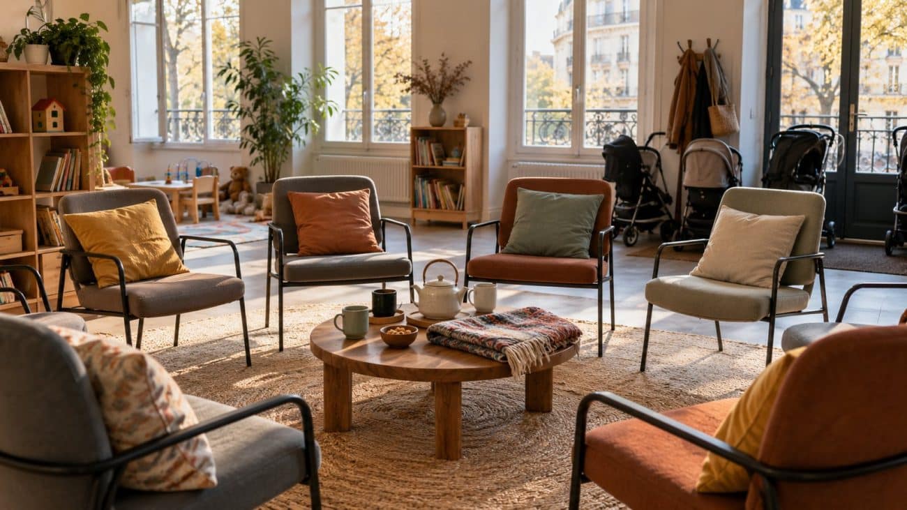 Salle lumineuse avec un cercle de fauteuils et une table basse, prête pour une rencontre de parents